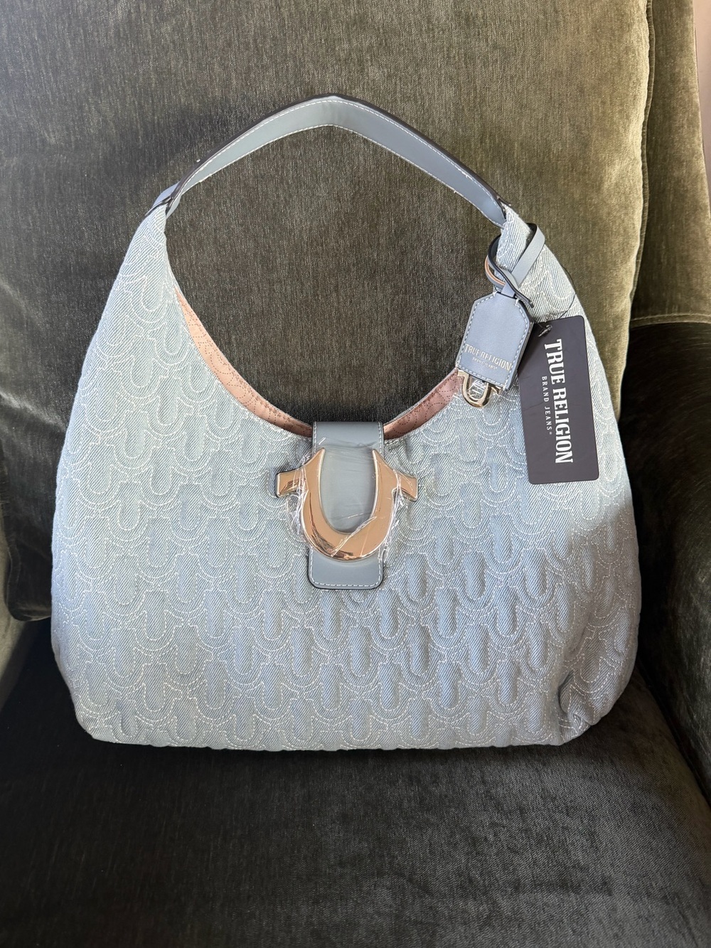 True Religion Pale Blue Embossed Shoulder Hobo